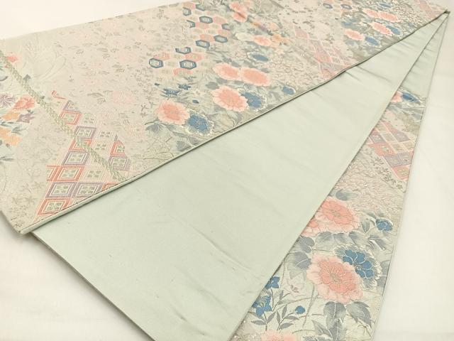 平和屋着物◎六通柄袋帯 唐織 亀甲花文 銀糸 正絹 逸品 BAAW9466hj