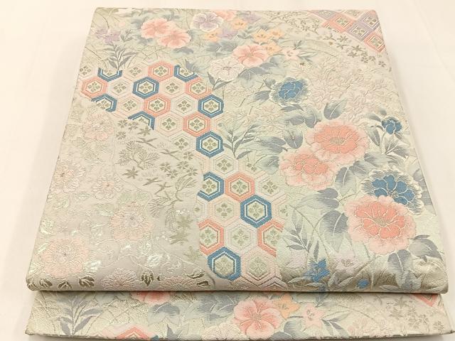平和屋着物◎六通柄袋帯 唐織 亀甲花文 銀糸 正絹 逸品 BAAW9466hj