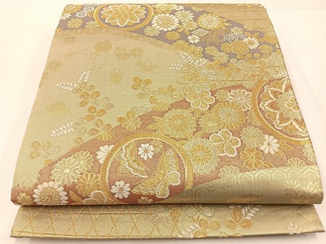 平和屋着物◎六通柄袋帯 唐織 花蝶丸文 金糸 正絹 逸品 BAAW9470hj