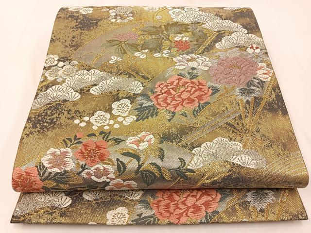 平和屋着物◎六通柄袋帯　唐織　扇面花文　黒地　金銀糸　正絹　逸品　AABH0400yx 平和屋着物◎六通柄袋帯 唐織 扇面花文 金銀糸 正絹 逸品