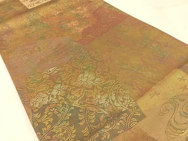 平和屋着物◎六通柄袋帯 色紙取錦秀文 金糸 引箔 正絹 逸品 BAAW9503hj