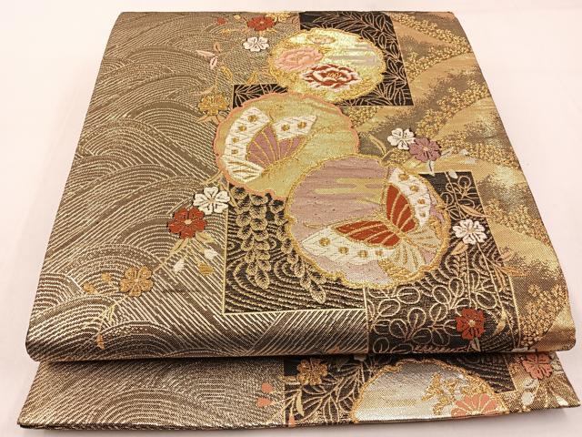 平和屋着物◎六通柄袋帯 唐織 雪輪花蝶文 金銀糸 正絹 逸品 BAAW9517hj