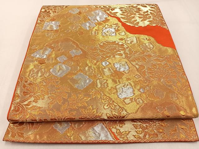 平和屋着物◎西陣 服部織物謹製 六通柄袋帯 白鳥緞子 箔散らし更紗花文 金銀糸 正絹 逸品 BAAW9523hj