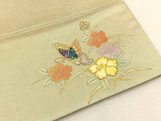 平和屋着物◎六通柄袋帯 螺鈿 ワンポイント 花蝶文 引箔 正絹 逸品 BAAW9529hj