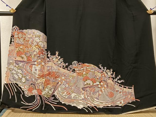 平和屋着物■豪華黒留袖 駒刺繍 檜扇御所車花文 金彩 正絹 逸品 BAAW9541hj