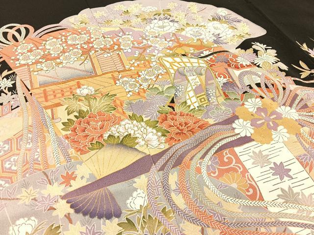 平和屋着物■豪華黒留袖 駒刺繍 檜扇御所車花文 金彩 正絹 逸品 BAAW9541hj
