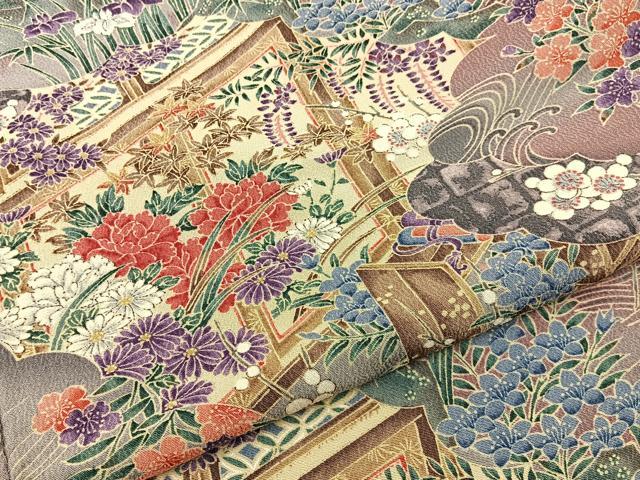 平和屋着物■上質な小紋 風景花文 鬼しぼ縮緬 正絹 逸品 BAAW9655hj