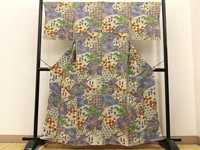 平和屋着物■上質な小紋 切嵌人物花文 鬼しぼ縮緬 正絹 逸品 BAAW9738hj