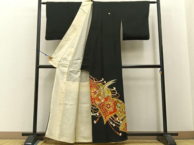 平和屋着物■豪華黒留袖 駒刺繍 冊子花鳥文 金彩 正絹 逸品 BAAW9756hj