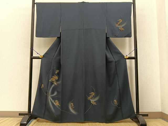 平和屋着物■訪問着 檜扇雪輪吉祥文 濃紺地 金彩 正絹 逸品 BAAW9757hj
