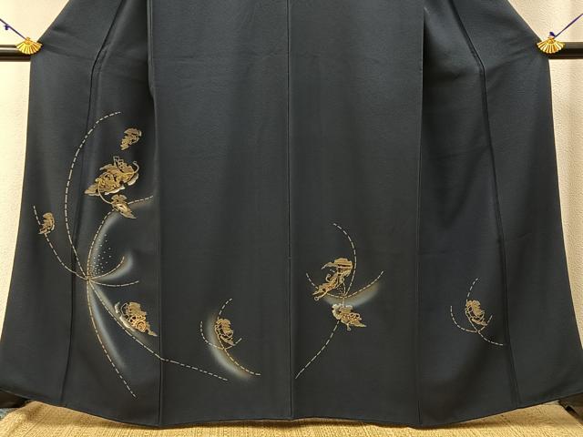 平和屋着物■訪問着 檜扇雪輪吉祥文 濃紺地 金彩 正絹 逸品 BAAW9757hj