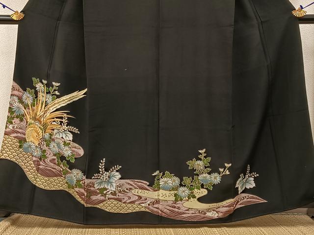 平和屋着物■黒留袖 刺繍 尾長鶏花文 金彩 洗える着物 BAAW9758hj