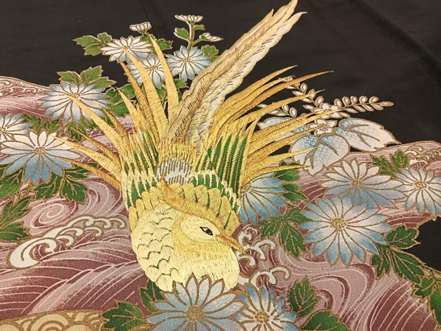 平和屋着物■黒留袖 刺繍 尾長鶏花文 金彩 洗える着物 BAAW9758hj