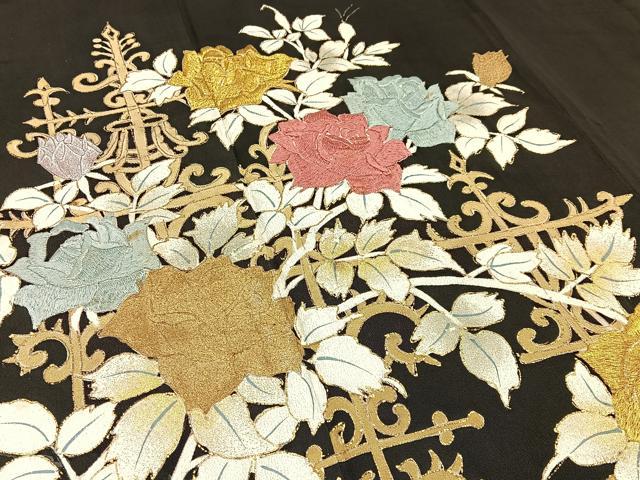 平和屋着物■豪華黒留袖 刺繍 薔薇 金銀彩 正絹 逸品 BAAW9778hj