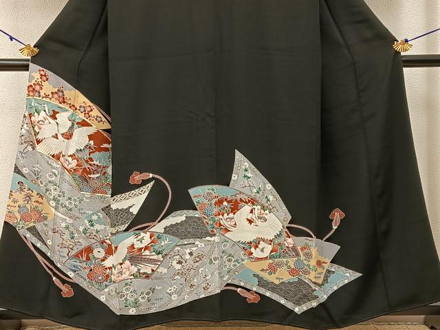 平和屋着物■豪華黒留袖 駒刺繍 飛鶴地紙花文 正絹 逸品 BAAW9794hj