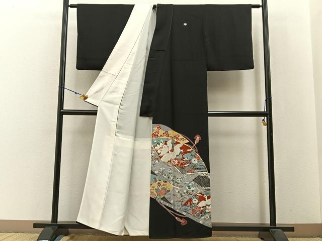 平和屋着物■豪華黒留袖 駒刺繍 飛鶴地紙花文 正絹 逸品 BAAW9794hj