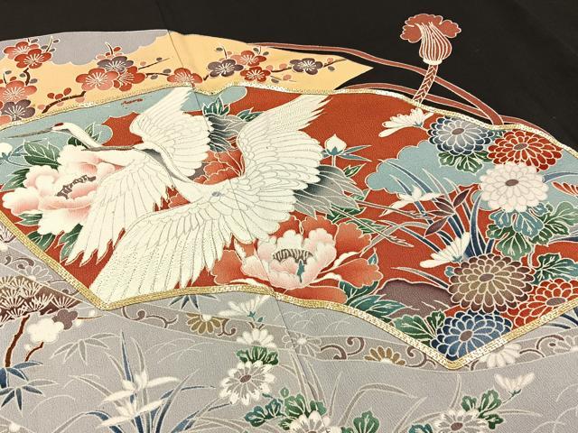平和屋着物■豪華黒留袖 駒刺繍 飛鶴地紙花文 正絹 逸品 BAAW9794hj