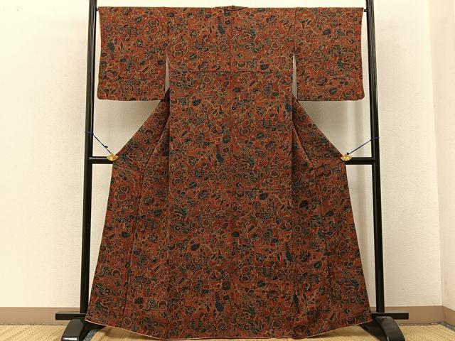 平和屋着物■上質な小紋 更紗花鳥文 鬼しぼ縮緬 正絹 逸品 BAAW9813hj
