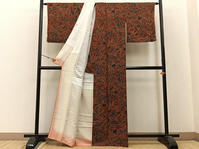 平和屋着物■上質な小紋 更紗花鳥文 鬼しぼ縮緬 正絹 逸品 BAAW9813hj