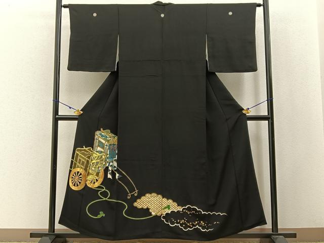 平和屋着物■豪華黒留袖 駒刺繍 御所車文 金彩 正絹 逸品 BAAW9822hj