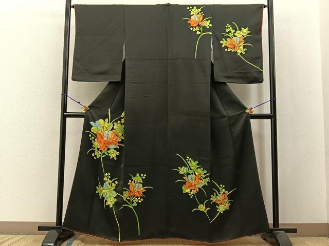 平和屋着物■訪問着 刺繍 カトレア 黒地 金彩 正絹 逸品 BAAW9824hj
