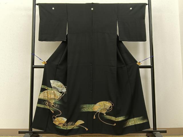平和屋着物■豪華黒留袖 扇面渡橋花文 金銀彩 正絹 逸品 BAAW9838hj