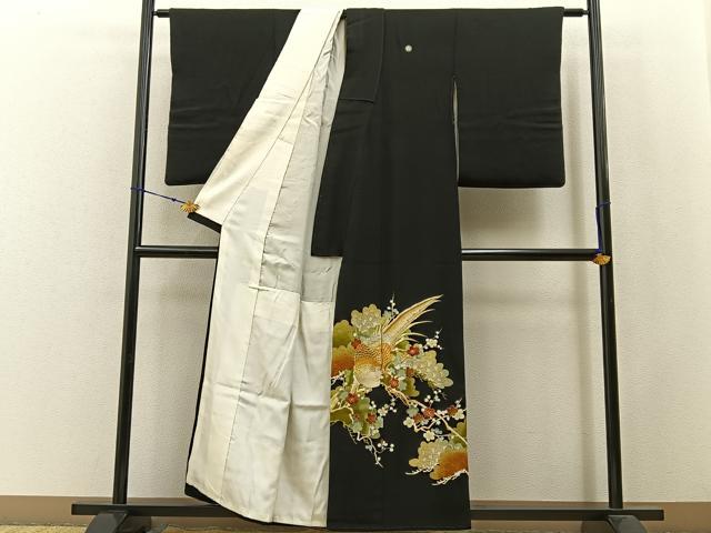 平和屋着物■豪華黒留袖 刺繍 尾長鳥枝花文 金彩 正絹 逸品 BAAW9842hj