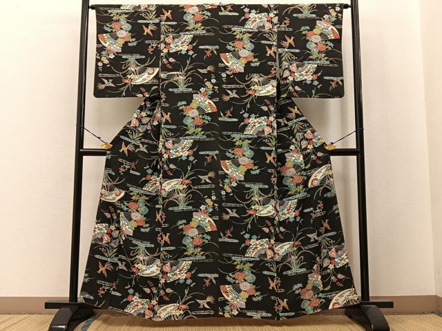 平和屋着物■上質な小紋 型染め 鳳凰扇面花文 黒地 正絹 逸品 BAAW9874hj