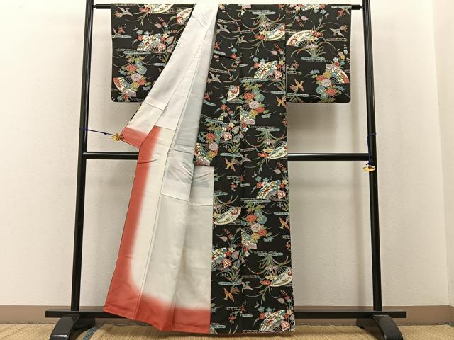 平和屋着物■上質な小紋 型染め 鳳凰扇面花文 黒地 正絹 逸品 BAAW9874hj