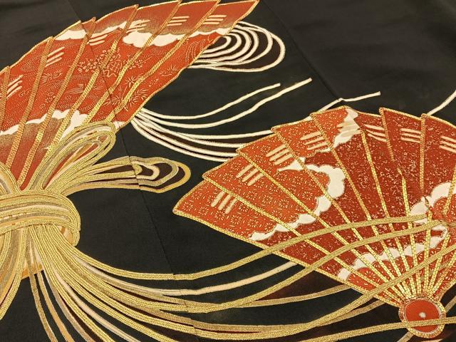 平和屋着物■豪華黒留袖 駒刺繍 束ね熨斗檜扇文 金彩 正絹 逸品 BAAW9881hj