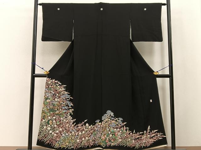 平和屋着物■豪華黒留袖 友禅 作家物 草花文 正絹 逸品 BAAW9909hj