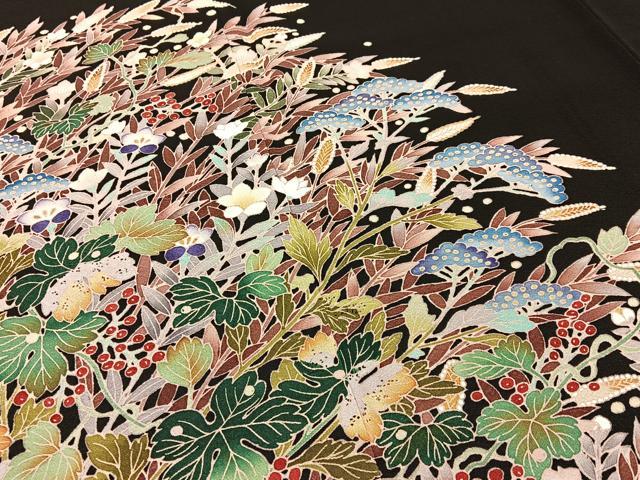 平和屋着物■豪華黒留袖 友禅 作家物 草花文 正絹 逸品 BAAW9909hj