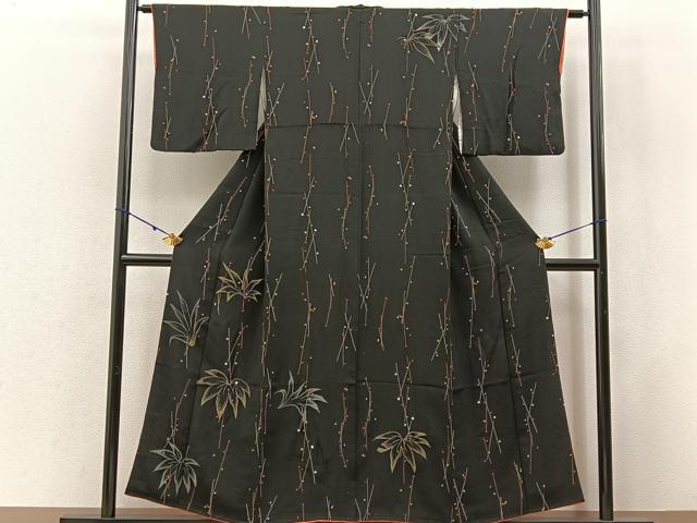 平和屋着物■訪問着 刺繍 草葉文 黒地 金銀糸 正絹 逸品 BAAW9911hj
