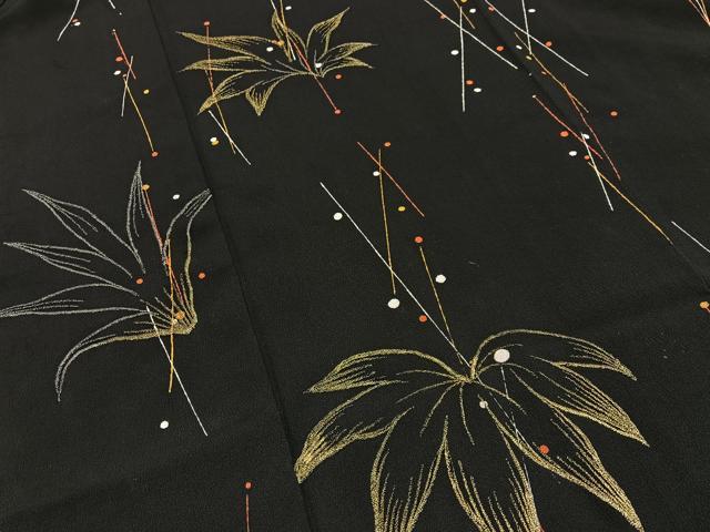 平和屋着物■訪問着 刺繍 草葉文 黒地 金銀糸 正絹 逸品 BAAW9911hj