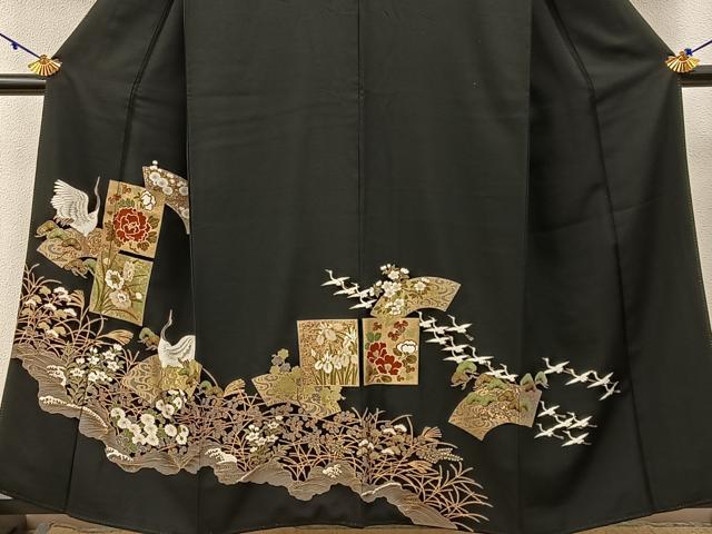 平和屋着物■豪華黒留袖 群鶴地紙花文 金彩 正絹 逸品 BAAW9937hj
