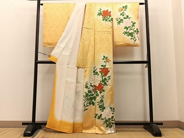 平和屋着物■訪問着 駒刺繍 牡丹菊文 暈し染め 金彩 正絹 逸品 BAAW9963hj