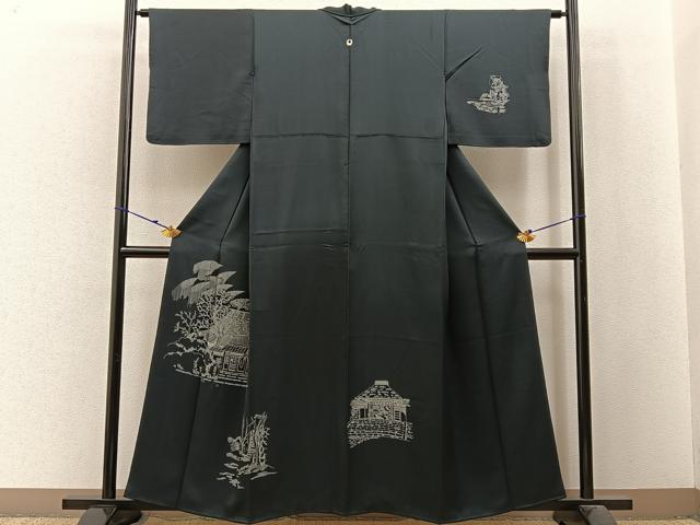 平和屋着物■訪問着 金糸刺繍 風景文 黒地 正絹 逸品 BAAW9974hj