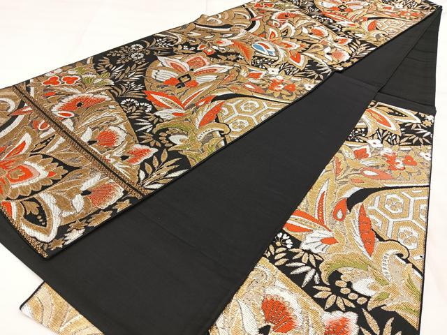 平和屋着物◎六通柄 京袋帯 唐織 更紗花文 黒地 金銀糸 正絹 逸品 BAAX0001qw