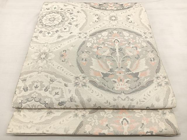 平和屋着物◎六通柄袋帯 花鳥丸文 銀糸 正絹 逸品 BAAX0029qw