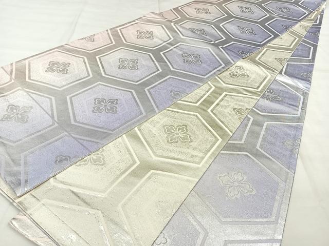 平和屋着物◎両面 全通柄袋帯 やまとオリジナル 亀甲花文 銀糸 正絹 逸品 BAAX0033qw