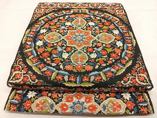 平和屋着物◎六通柄 京袋帯 唐織 花丸文 黒地 金銀糸 正絹 逸品 BAAX0038qw