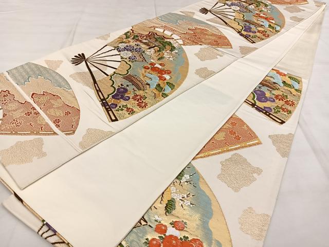 平和屋着物◎六通柄袋帯 唐織 扇面風景文 金糸 正絹 逸品 BAAX0043qw