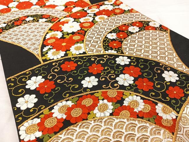 平和屋着物◎六通柄袋帯 唐織 花青海波 黒地 金糸 正絹 逸品 BAAX0061qw