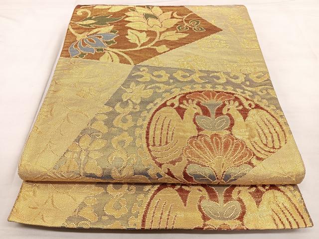 平和屋着物◎佐賀錦 六通柄袋帯 切嵌花鳥文 金糸 正絹 逸品 BAAX0063qw