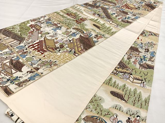 平和屋着物◎六通柄袋帯 唐織 人物文 金糸 正絹 逸品 BAAX0095qw