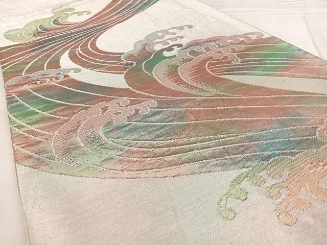 平和屋着物◎六通柄袋帯 唐織 立波文 銀糸 正絹 逸品 BAAX0097qw