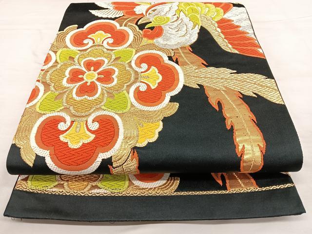平和屋着物◎六通柄袋帯 唐織 鳳凰花文 黒地 金銀糸 正絹 逸品 BAAX0116qw