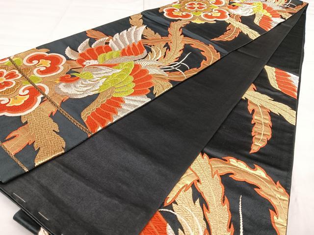 平和屋着物◎六通柄袋帯 唐織 鳳凰花文 黒地 金銀糸 正絹 逸品 BAAX0116qw