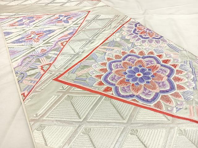 平和屋着物◎六通柄袋帯 唐織 裂取むかい鶴文 銀糸 正絹 逸品 BAAX0155qw