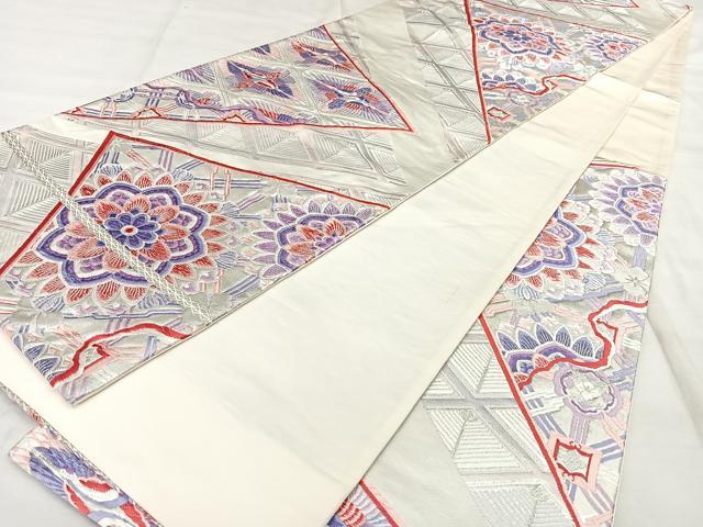 平和屋着物◎六通柄袋帯 唐織 裂取むかい鶴文 銀糸 正絹 逸品 BAAX0155qw